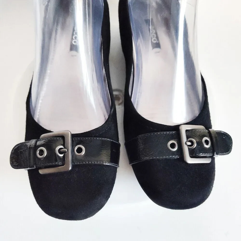 Ecco Flats Size 6 - 6.5 / 37 Suede Patent Leather Belt Buckle Black Comfort Shoe